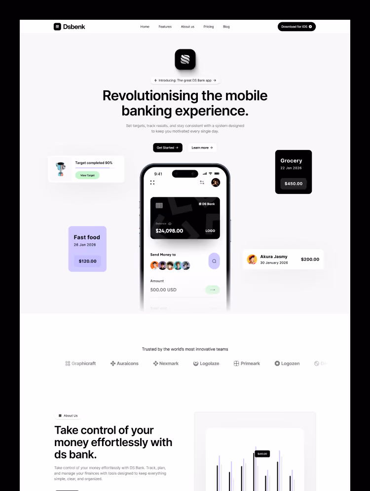 Dsbenk sleek mobile app Webflow template interface featuring a modern design for app landing pages.