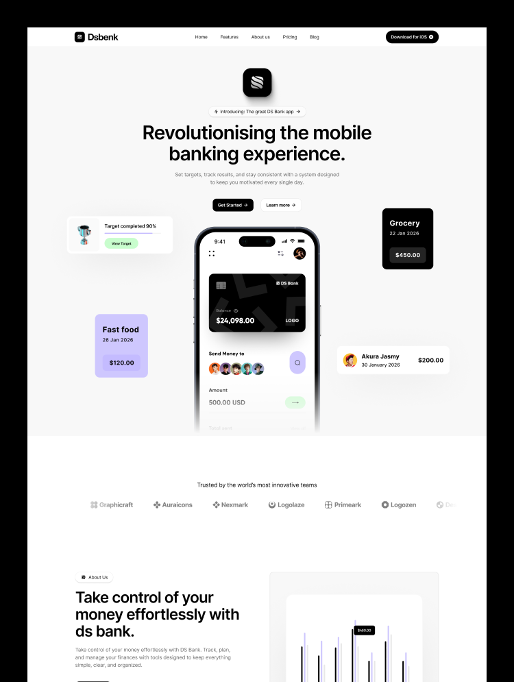 Dsbenk sleek mobile app Webflow template interface featuring a modern design for app landing pages.