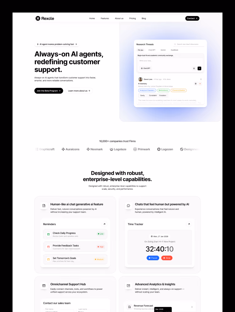 Rexcle modern SaaS Webflow template screenshot displaying a clean interface for tech platforms.