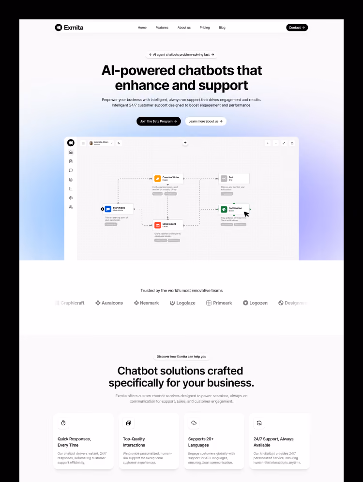 Exmita Webflow SaaS template showcasing a clean, modern design with AI chatbot UI, ideal for startups and tech companies.