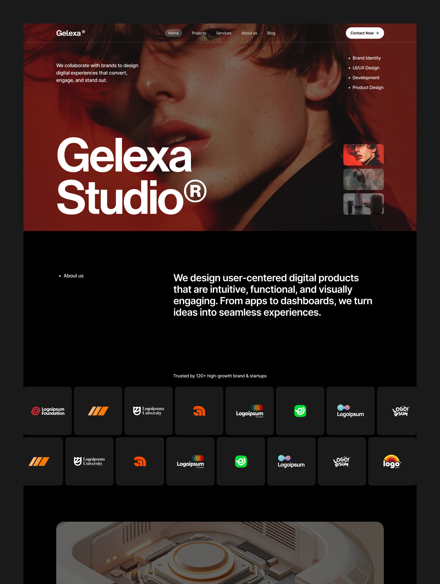 Gelexa Studio Webflow website template featuring a dark editorial layout with bold typography, ideal for creative agencies, studios, and digital service providers.