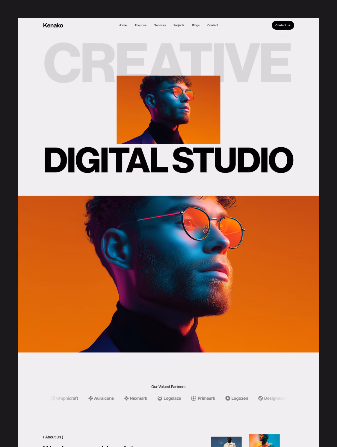 Kenako Webflow template creative digital studio hero with portrait image