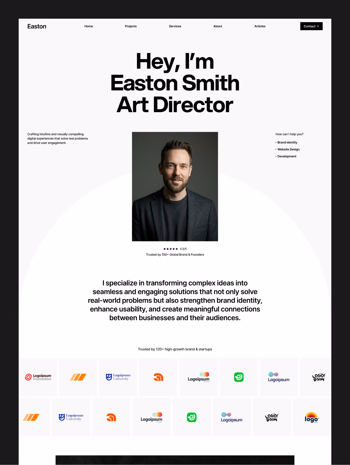 Easton Webflow template art director portfolio hero with professional portrait photo