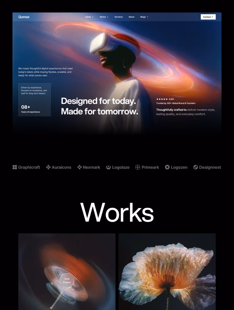 Qumax Webflow template hero with VR headset visual and dark theme