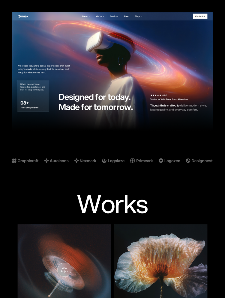 Qumax Webflow template hero with VR headset visual and dark theme