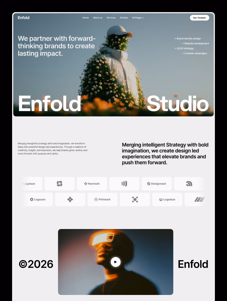 Enfold Studio Webflow template hero section featuring modern creative agency layout with floral visual art, bold typography, and brand client logos
