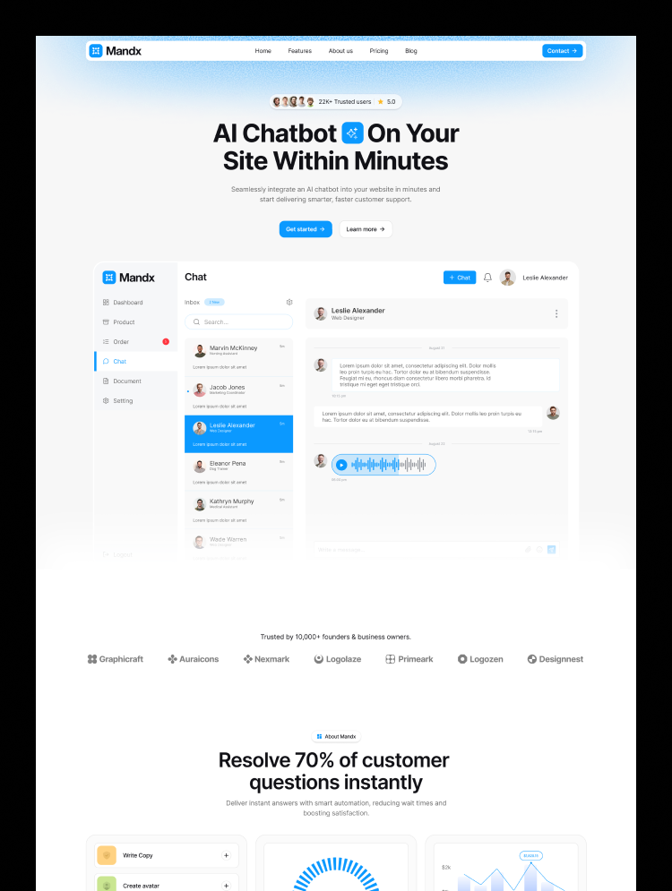 Mandx modern SaaS Webflow template screenshot displaying a clean interface for tech platforms.