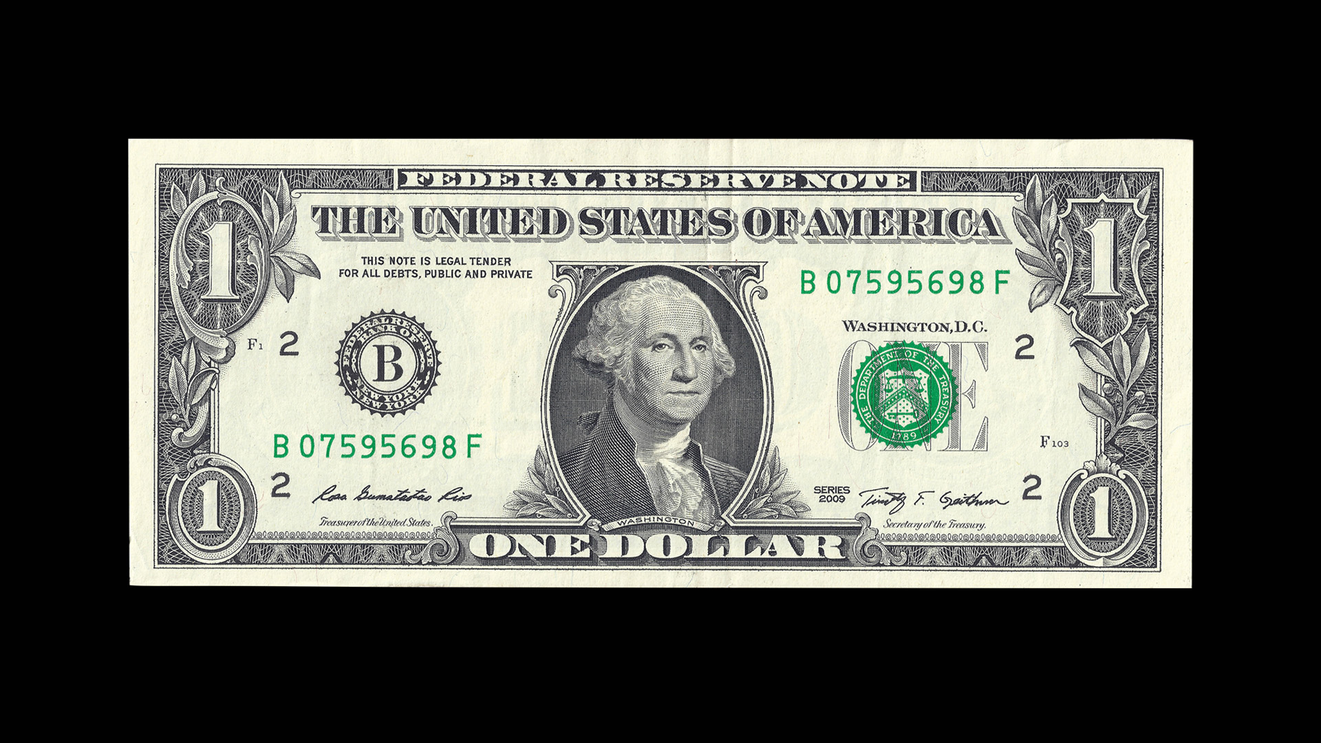 Front of a United States one dollar bill featuring George Washington's portrait