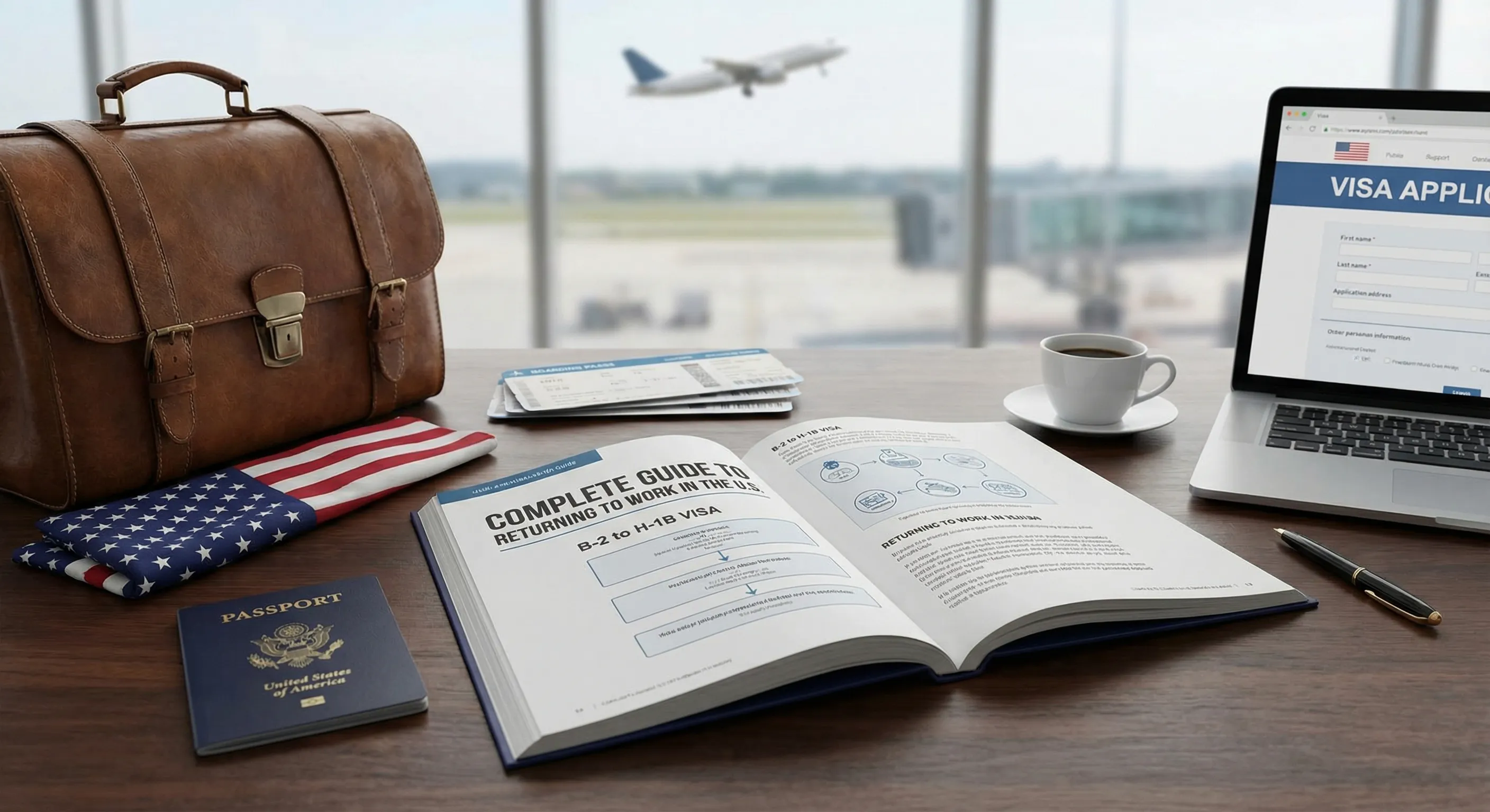 Desk with visa application documents, passport, suitcase, and laptop at airport window