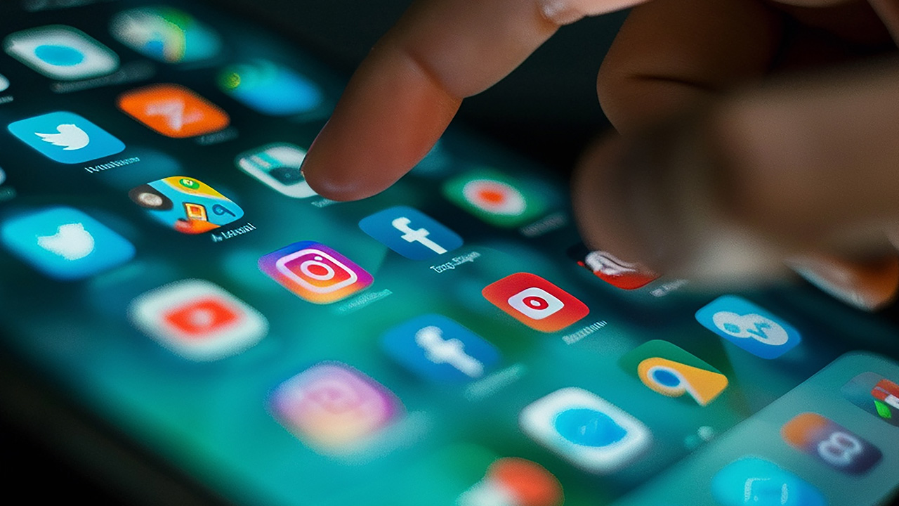 Finger touching smartphone screen displaying colorful social media app icons including Instagram and Facebook