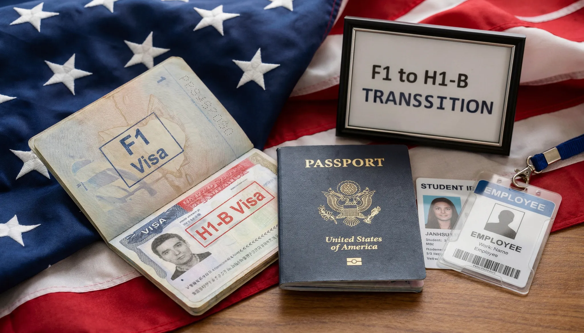 Passport, F1 and H1-B visa documents with employee ID displayed on American flag background