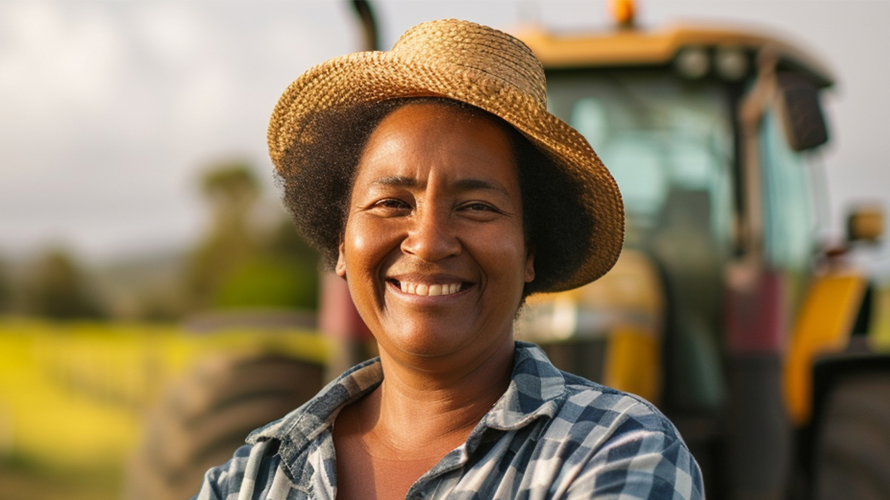 Smiling female farmer in straw hat and plaid shirt with farm equipment blurred background.