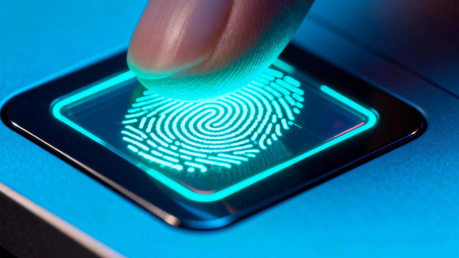 Finger scanning glowing cyan fingerprint on smartphone screen for biometric authentication