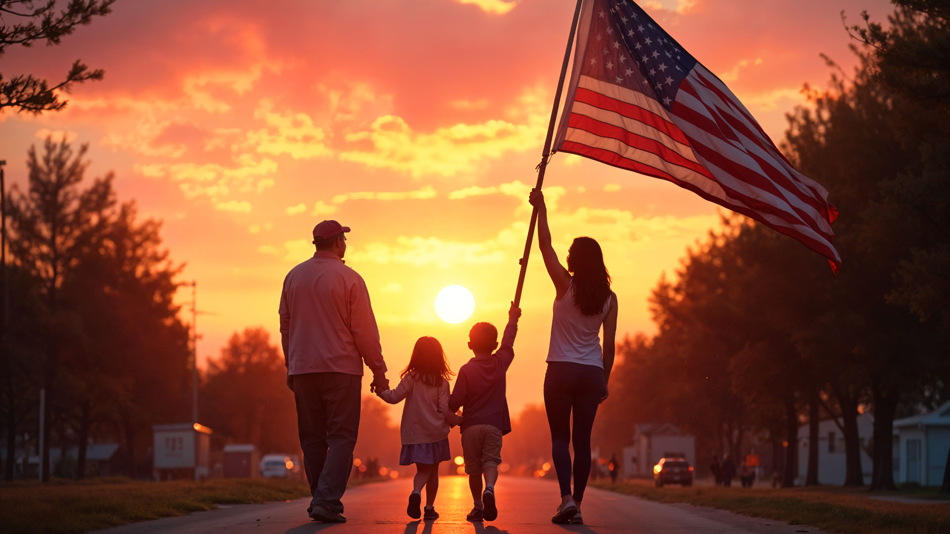 Family holding American flag on tree-lined road at sunset