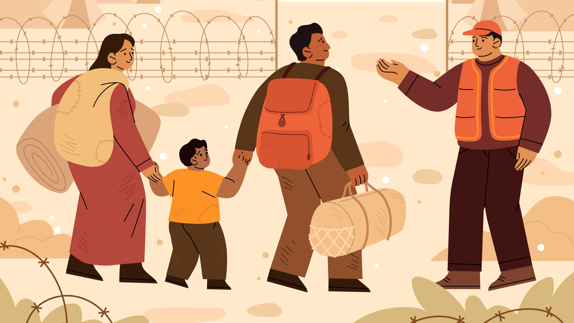 Family camping outdoors with backpacks and fishing equipment in warm tones.