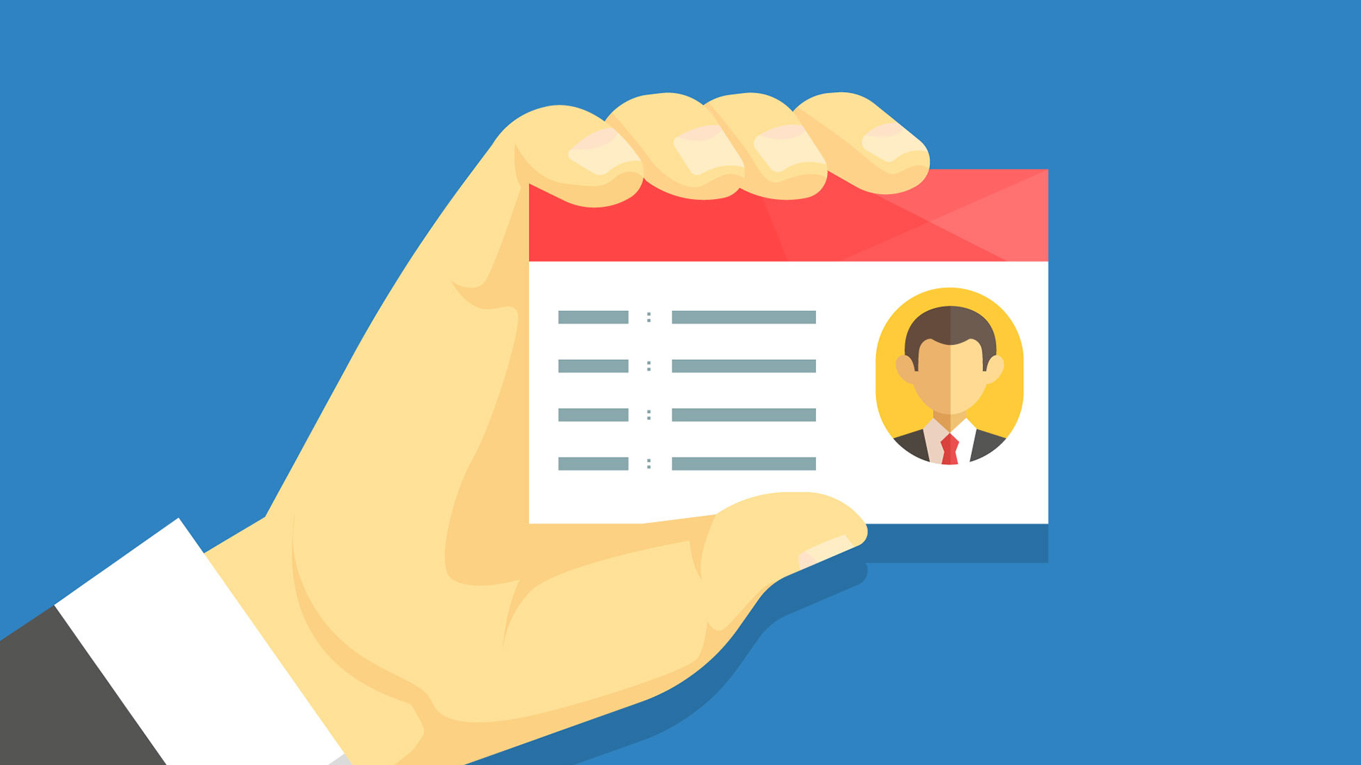 Hand holding business contact card with profile information and man avatar portrait