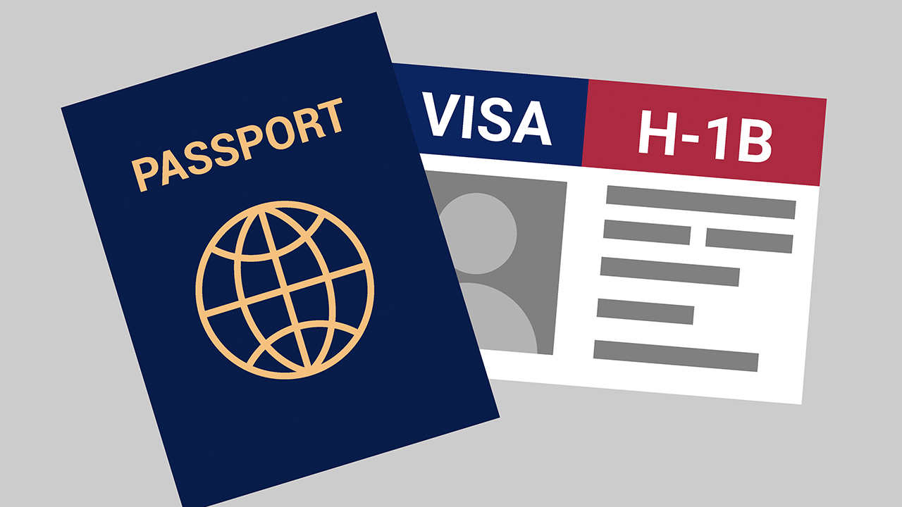 Illustration of a passport and H-1B visa card, FY 2027 initial registration selection completed