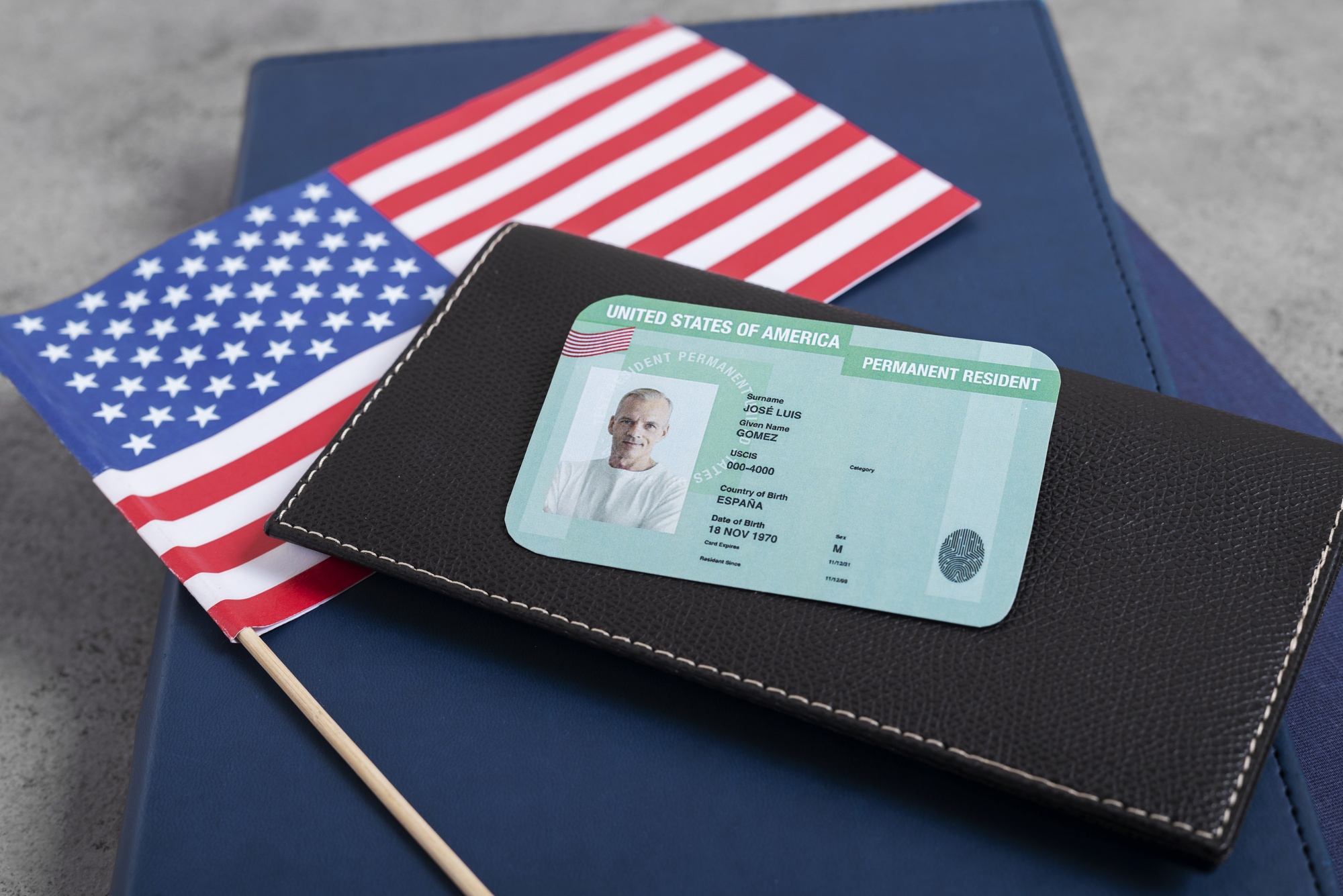 Top view of a green card application, E-2 visa to green card process
