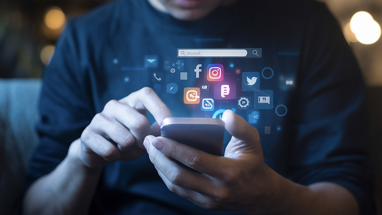 Person browsing a phone with floating social media icons, social media screening in visa adjudications