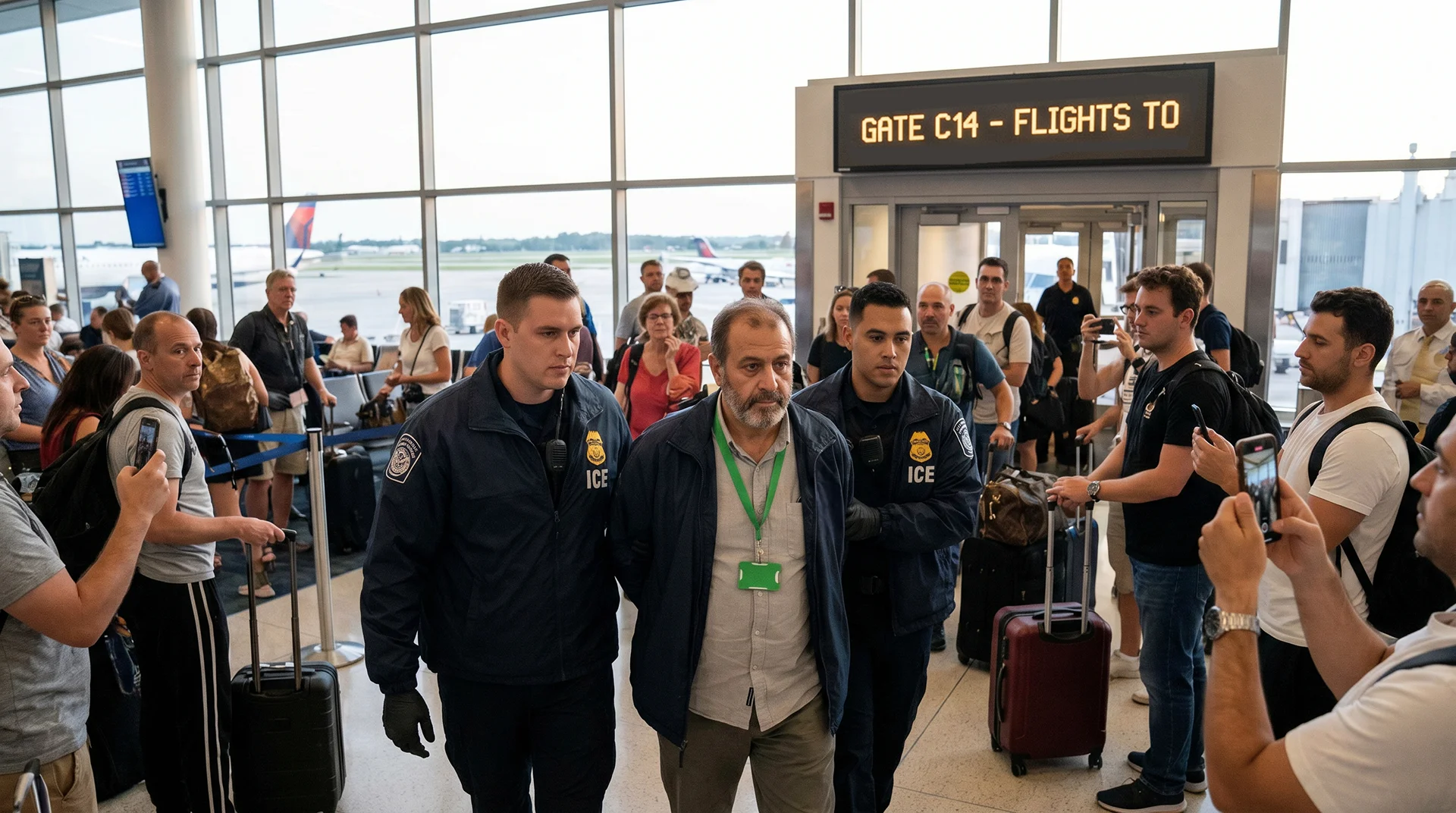 ICE officers escort a man through an airport terminal, green card holder rights in ICE detention