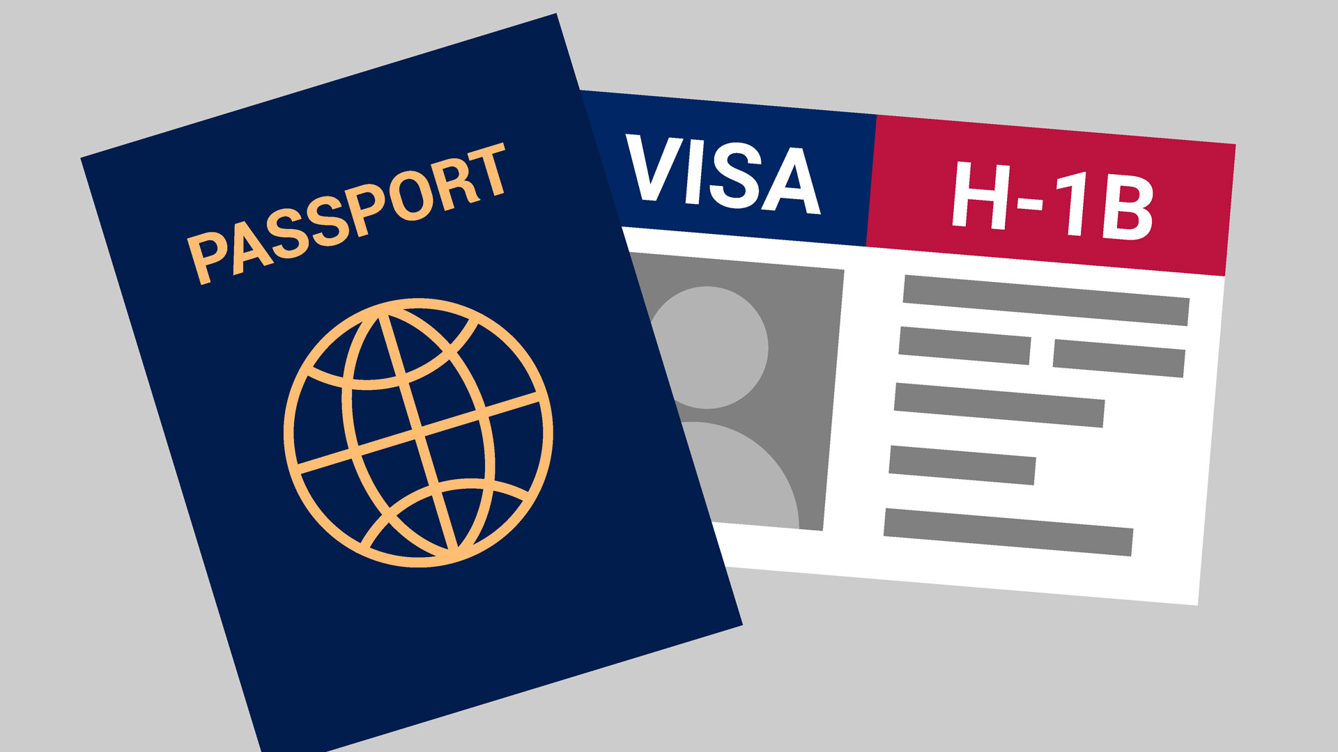 Illustration of a passport beside an H-1B visa card, new weighted selection cap rule