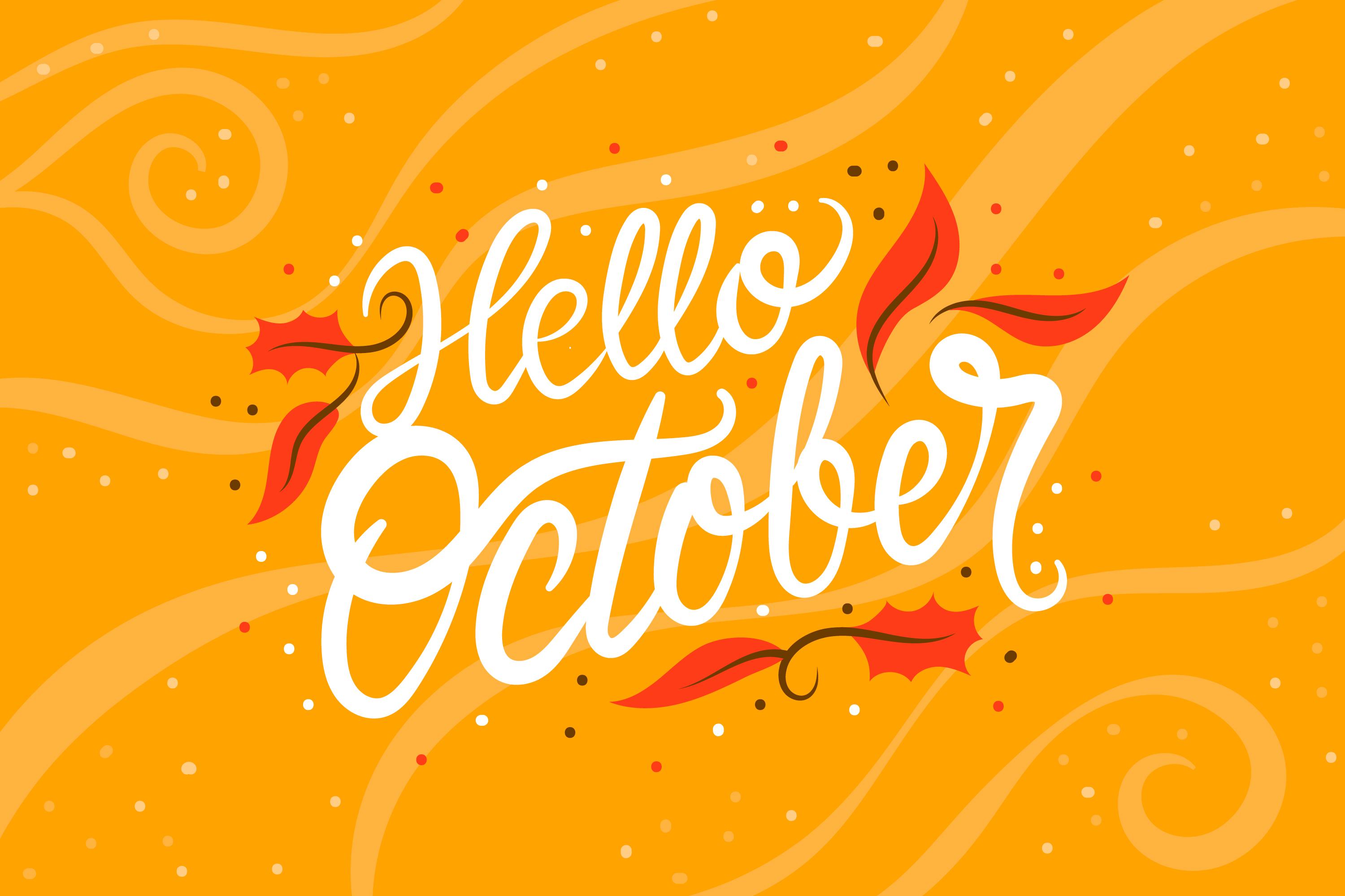 Hello October lettering with autumn leaves on orange background, October 2025 visa bulletin