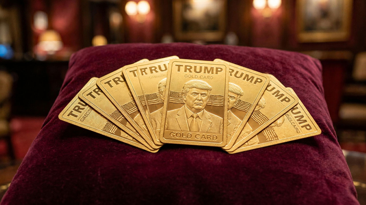 Fan of gold Trump cards displayed on a velvet pillow, 16 new classes of admission under the gold card program