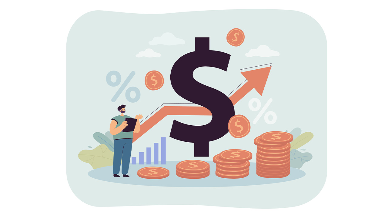 Illustration of a dollar sign, rising arrow and coin stacks, USCIS FY 2026 inflation fee increase