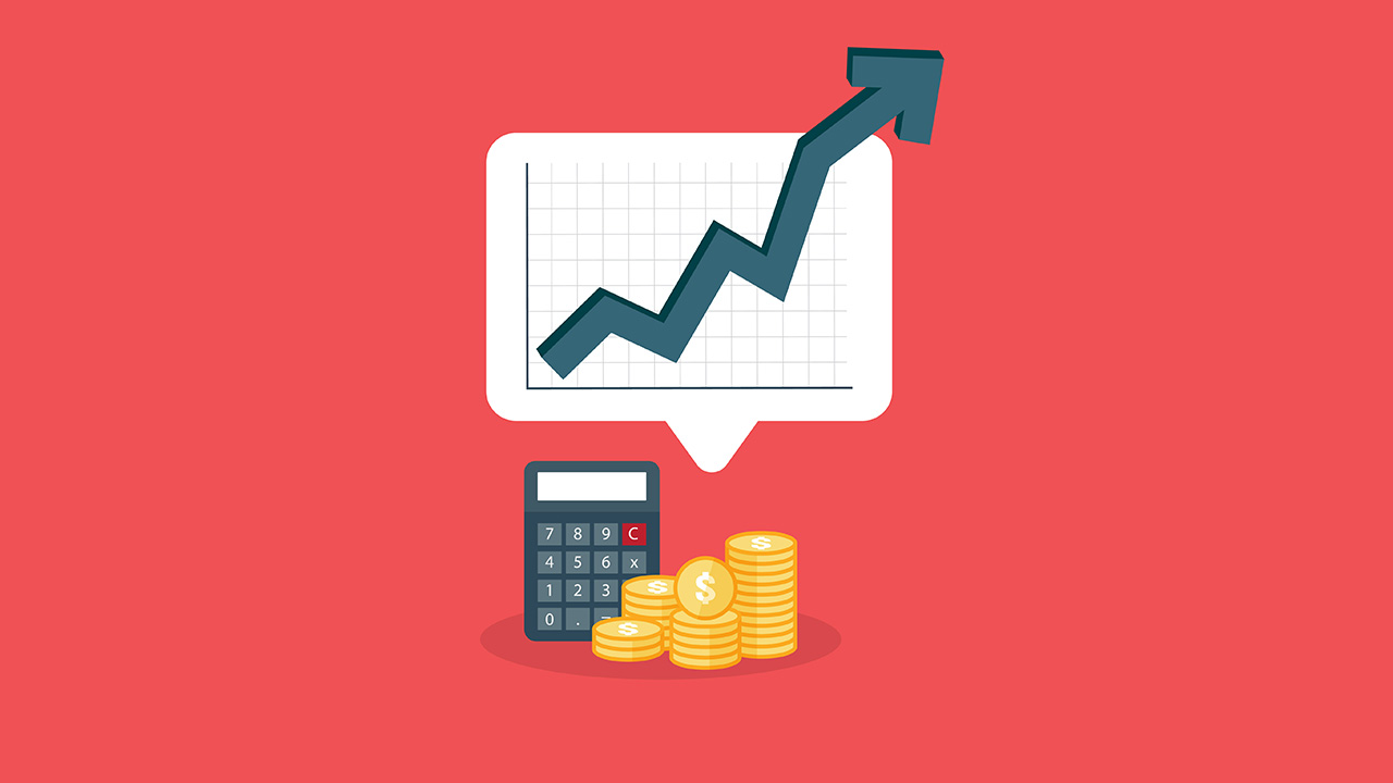 Illustration of a rising chart, calculator and coins, USCIS fee proposal for naturalization applicants