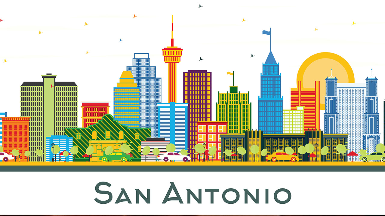 Colorful illustration of the San Antonio skyline, new USCIS asylum office opening