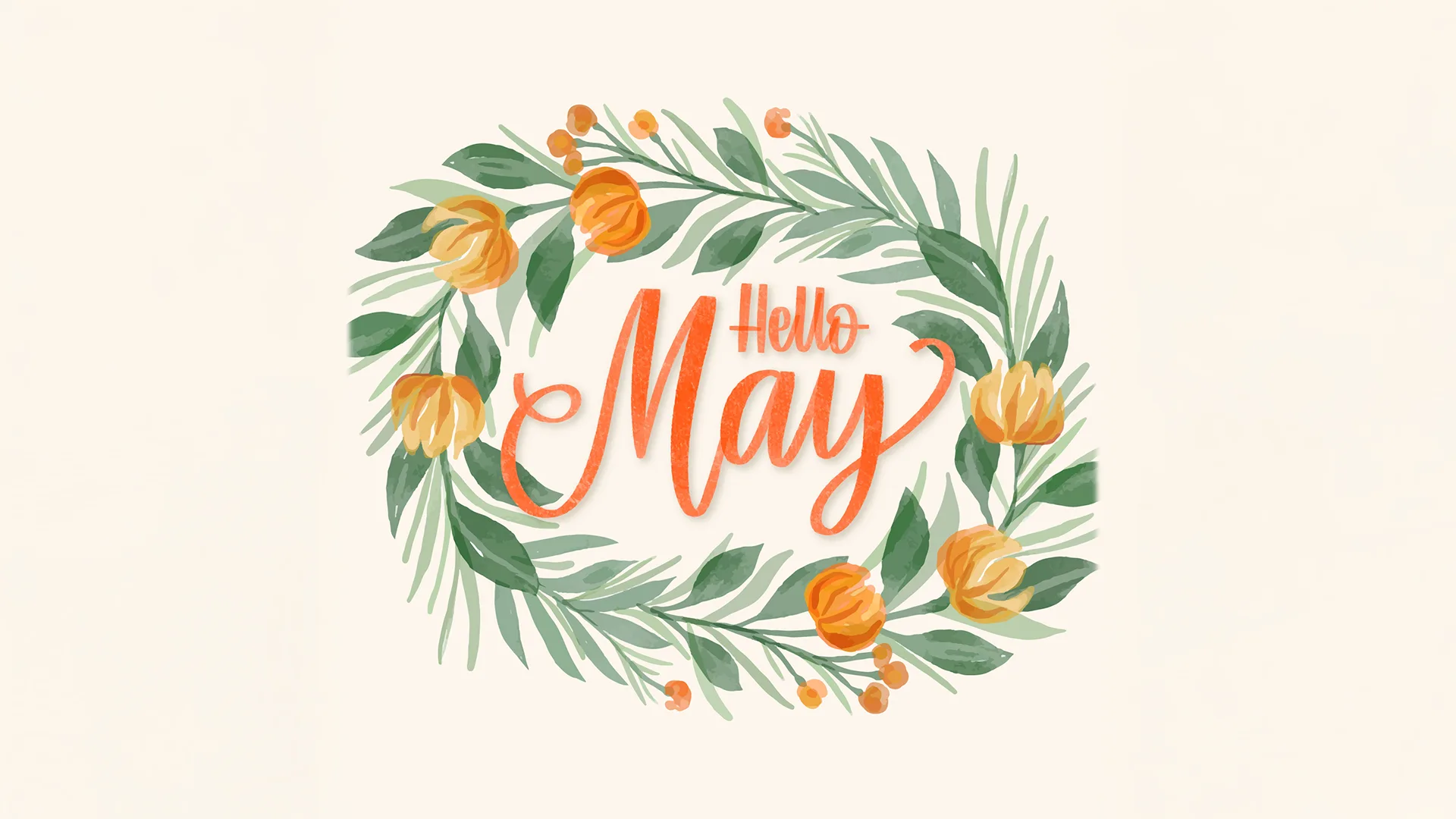Hello May lettering in a watercolor wreath of orange flowers, May 2025 visa bulletin