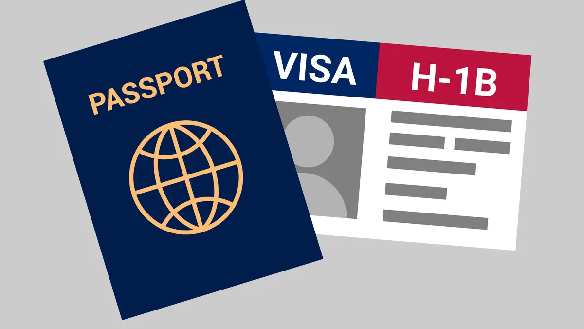 Illustration of a passport and H-1B visa, presidential proclamation continuing H-1B entry restrictions and $100,000 payment