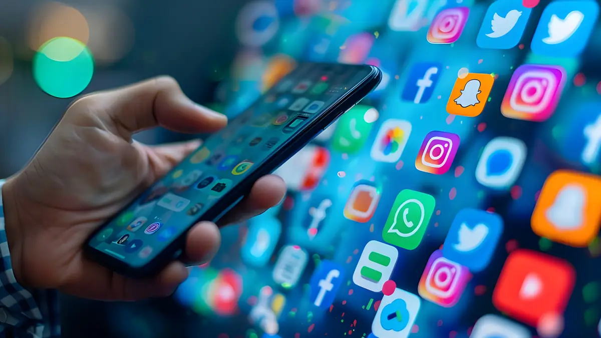 Hand holding a smartphone surrounded by social media app icons, State Department online presence review for I, TN and TD visas