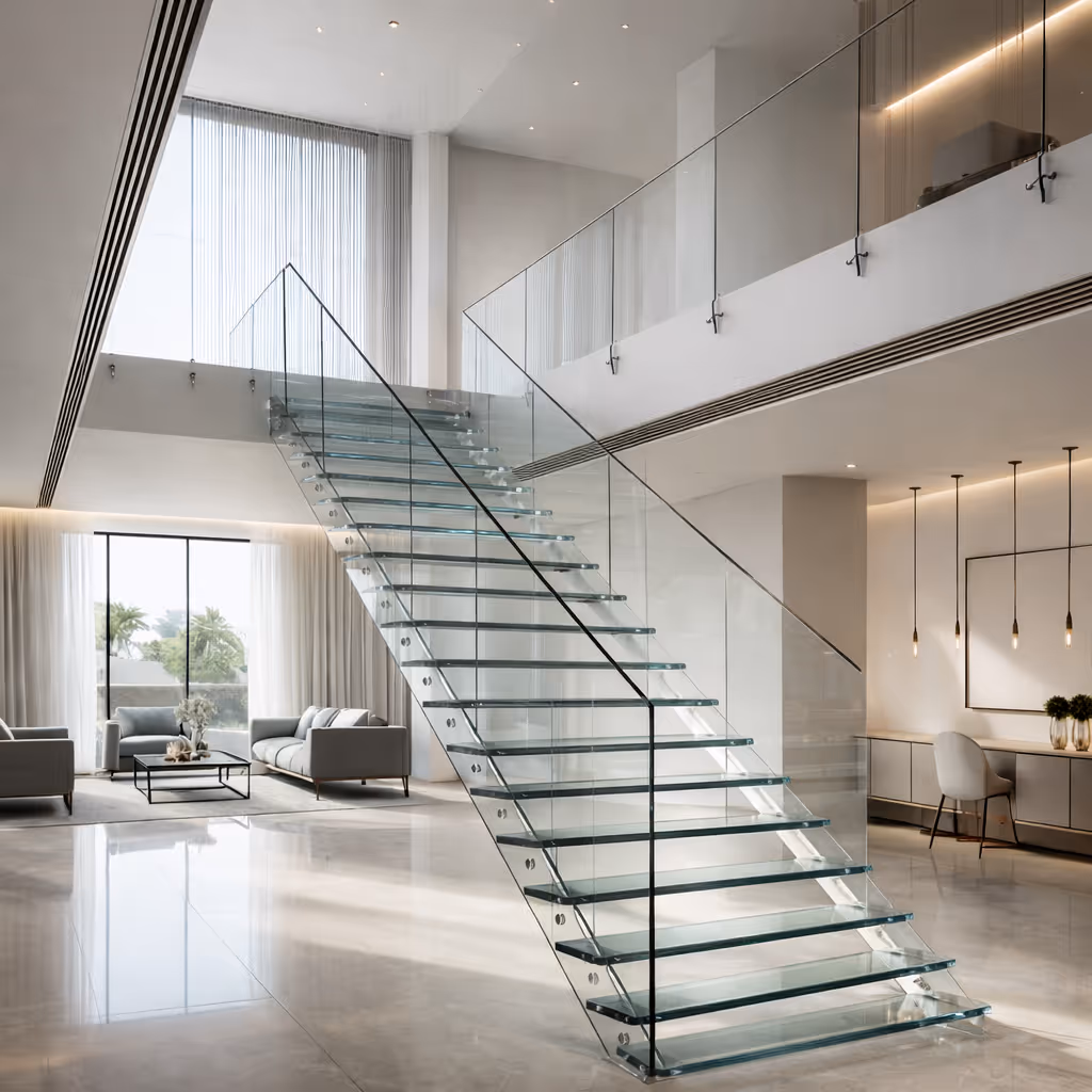 Modern interior with a floating glass staircase featuring clear glass steps and railing in a spacious living area.