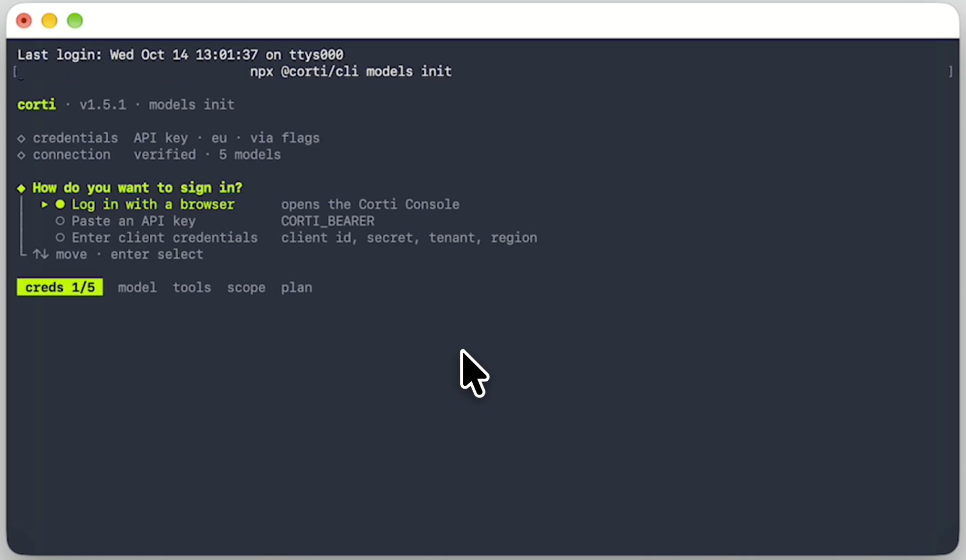Terminal window showing the Corti models init setup asking how to sign in, with Log in with a browser selected