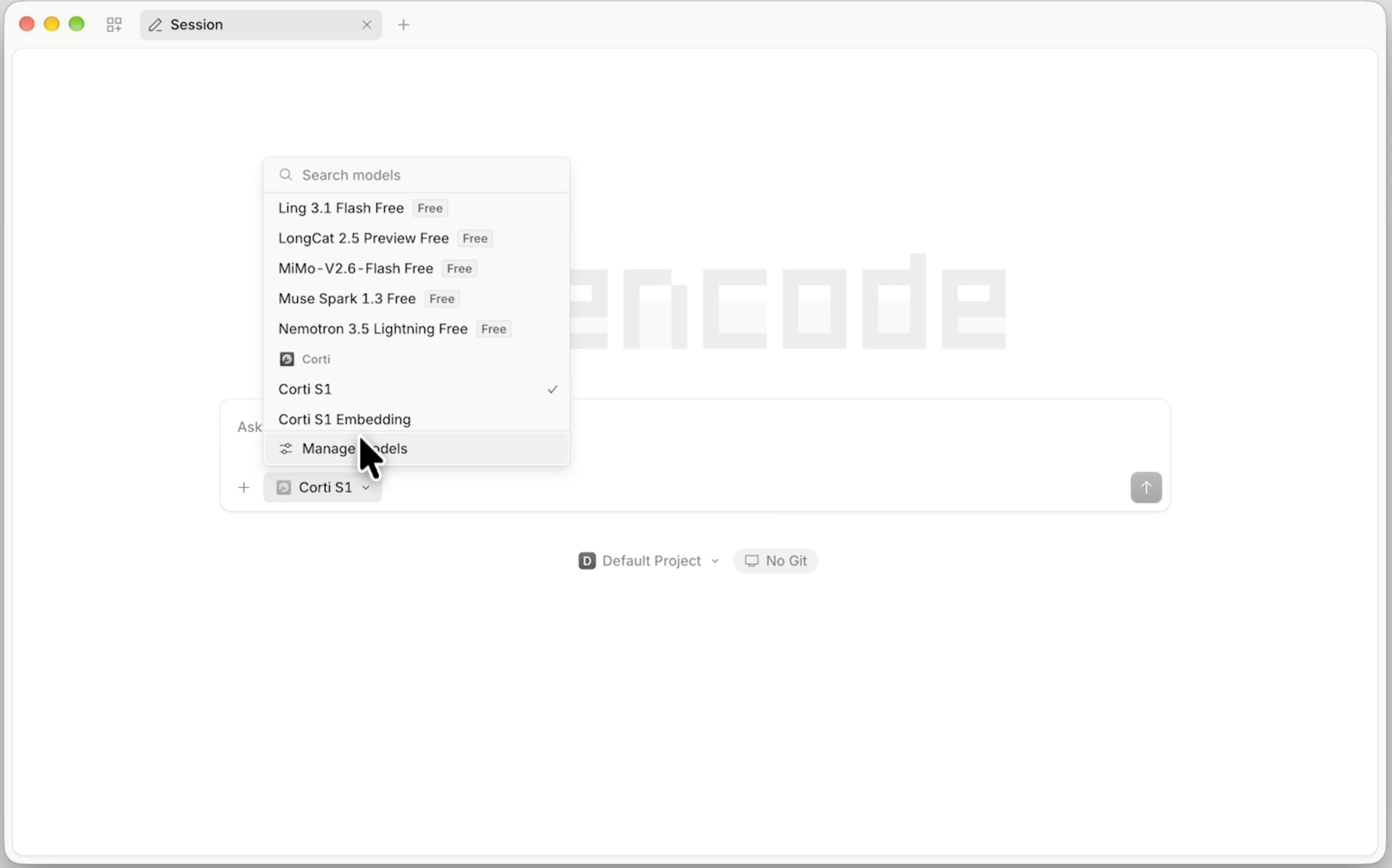 OpenCode model picker open, with Corti S1 selected and the Manage models option highlighted