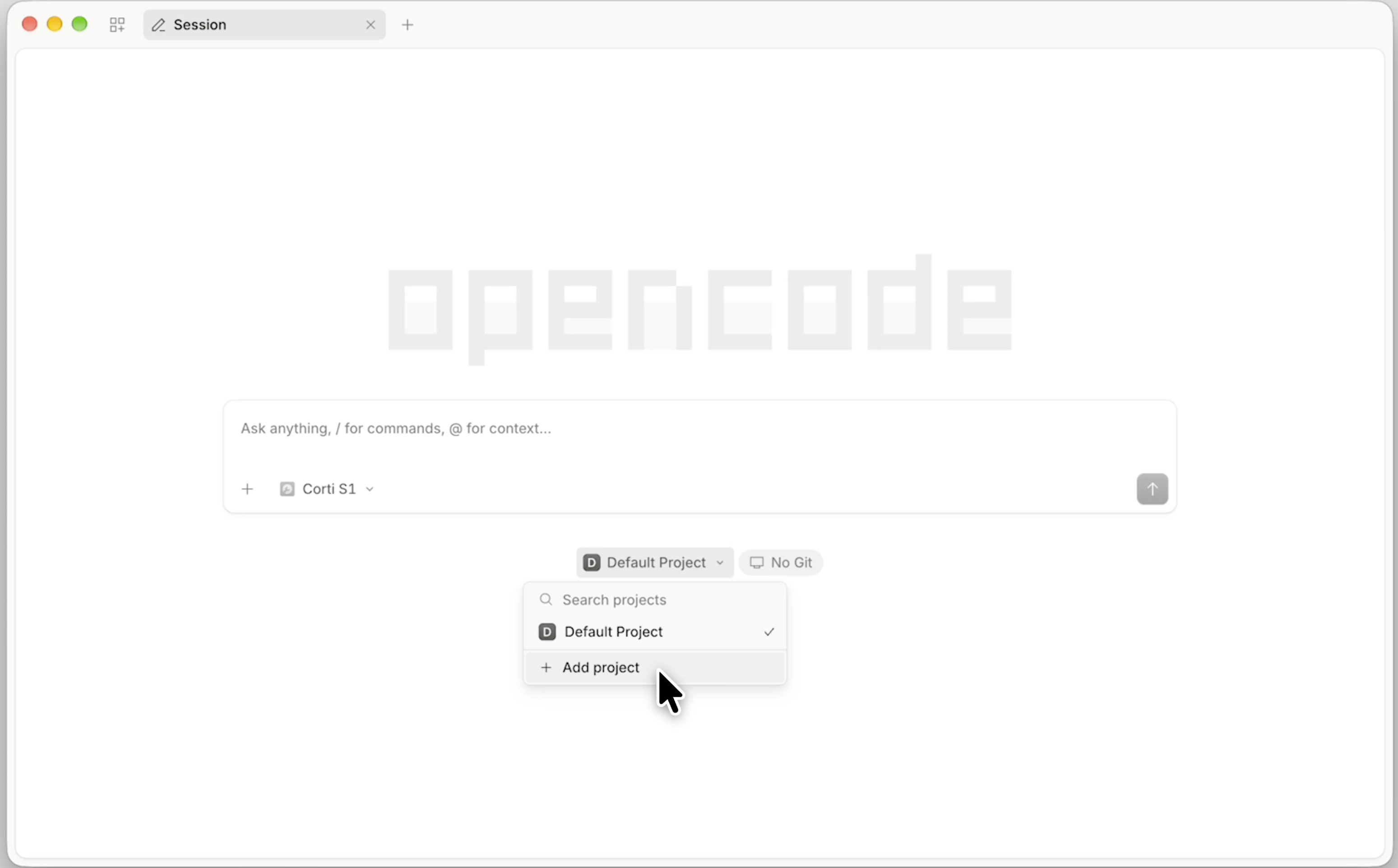 OpenCode project menu open with the Add project option highlighted