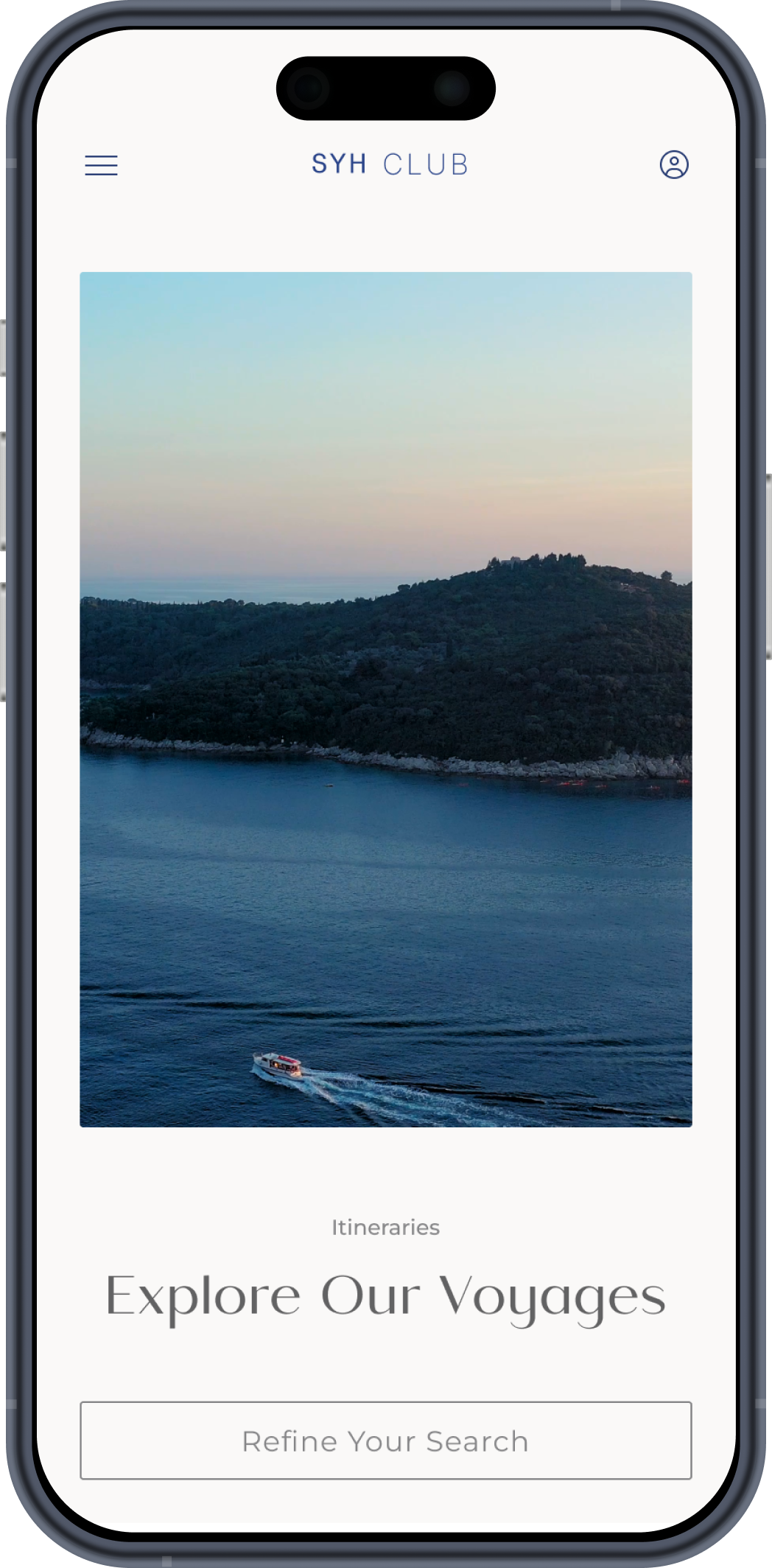 The SYH Club app on mobile, showing the itineraries screen over a coastal sunset