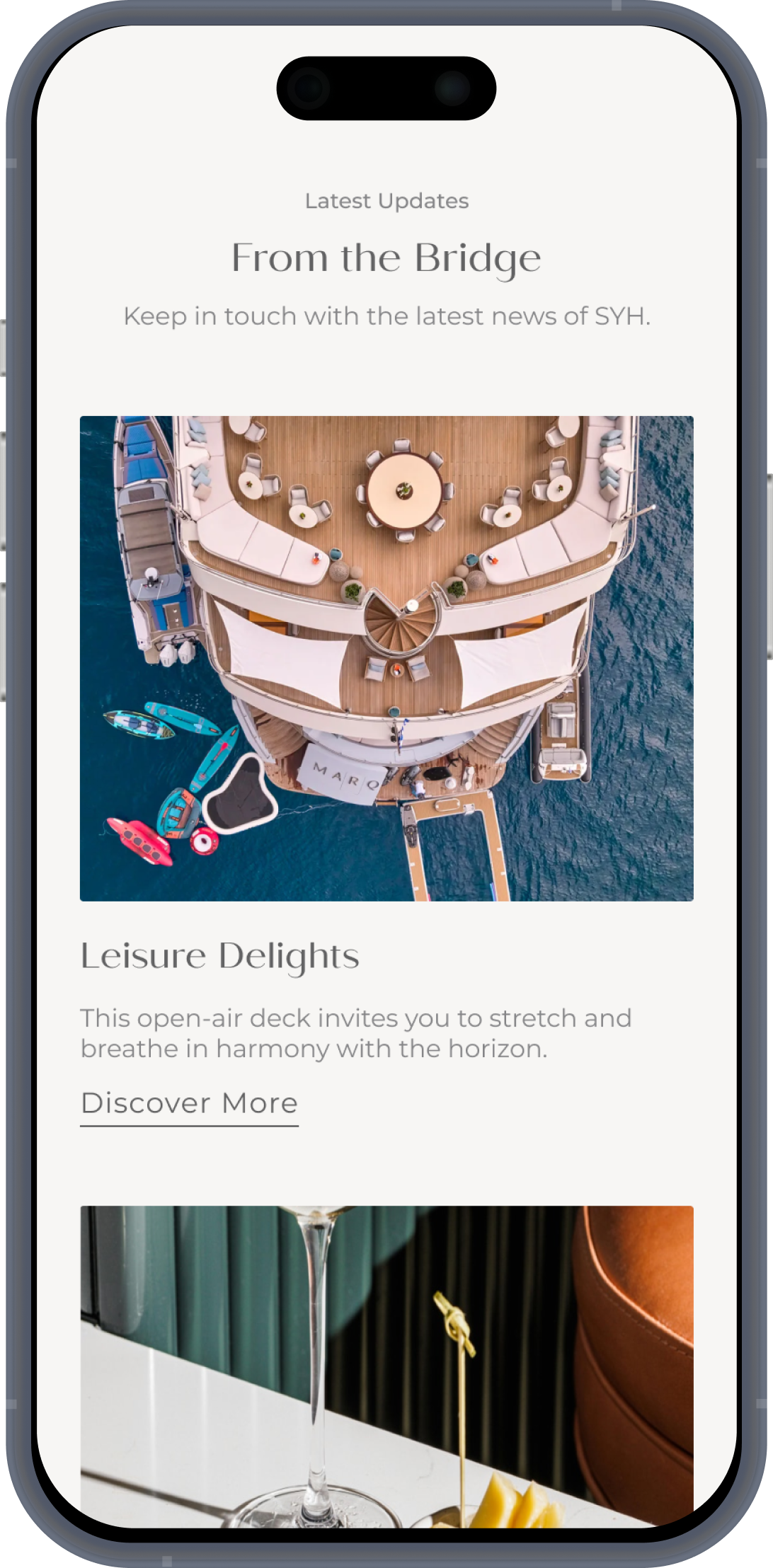 The Superyacht Holdings member app, showing the From the Bridge editorial screen
