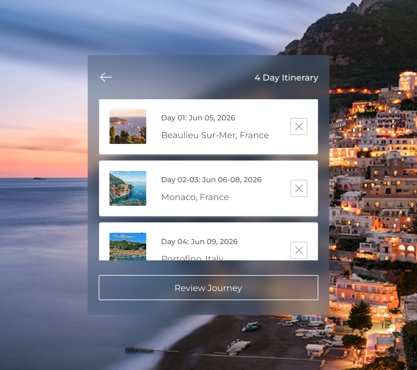 A four-day Superyacht Holdings itinerary card over the Positano coastline