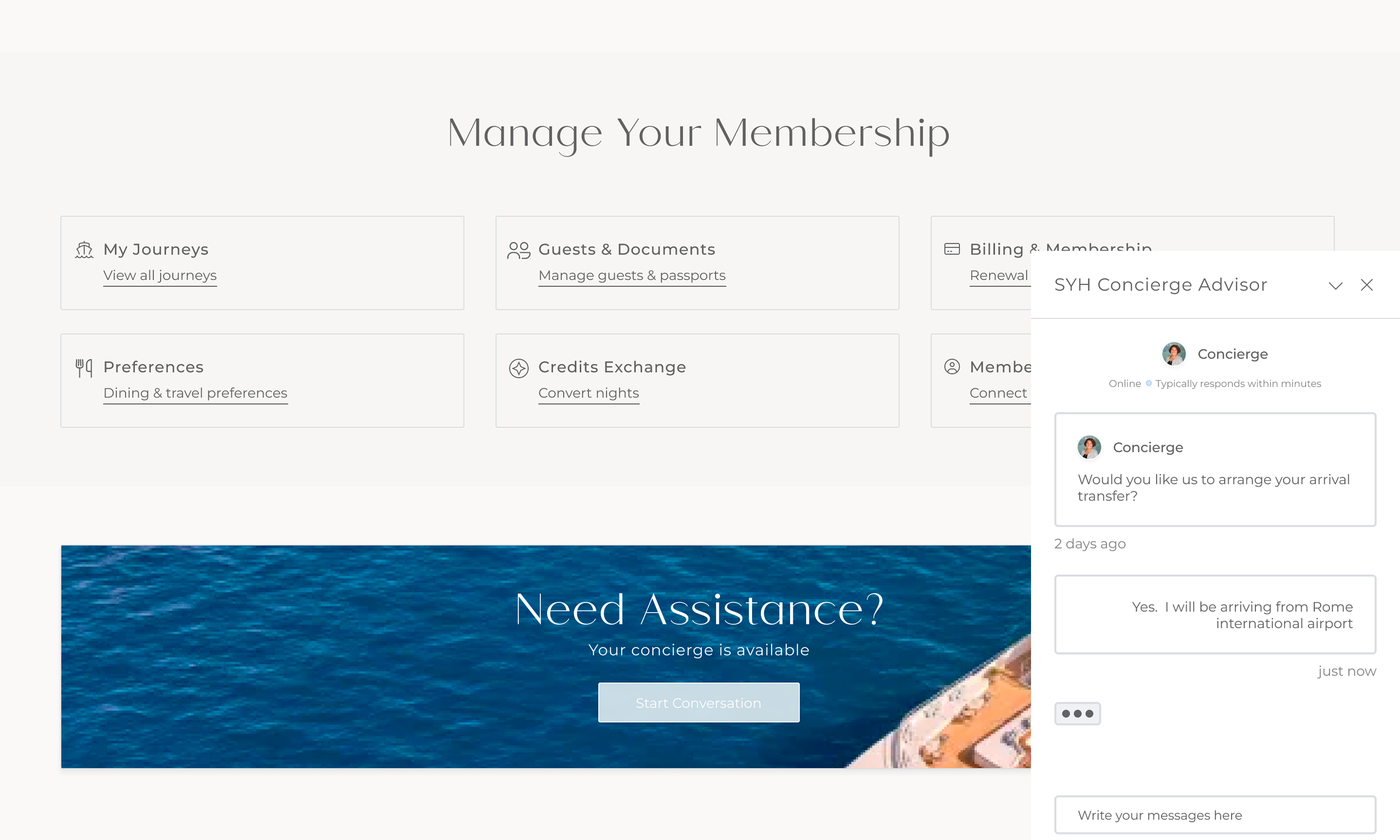 The Superyacht Holdings membership dashboard with the concierge panel open