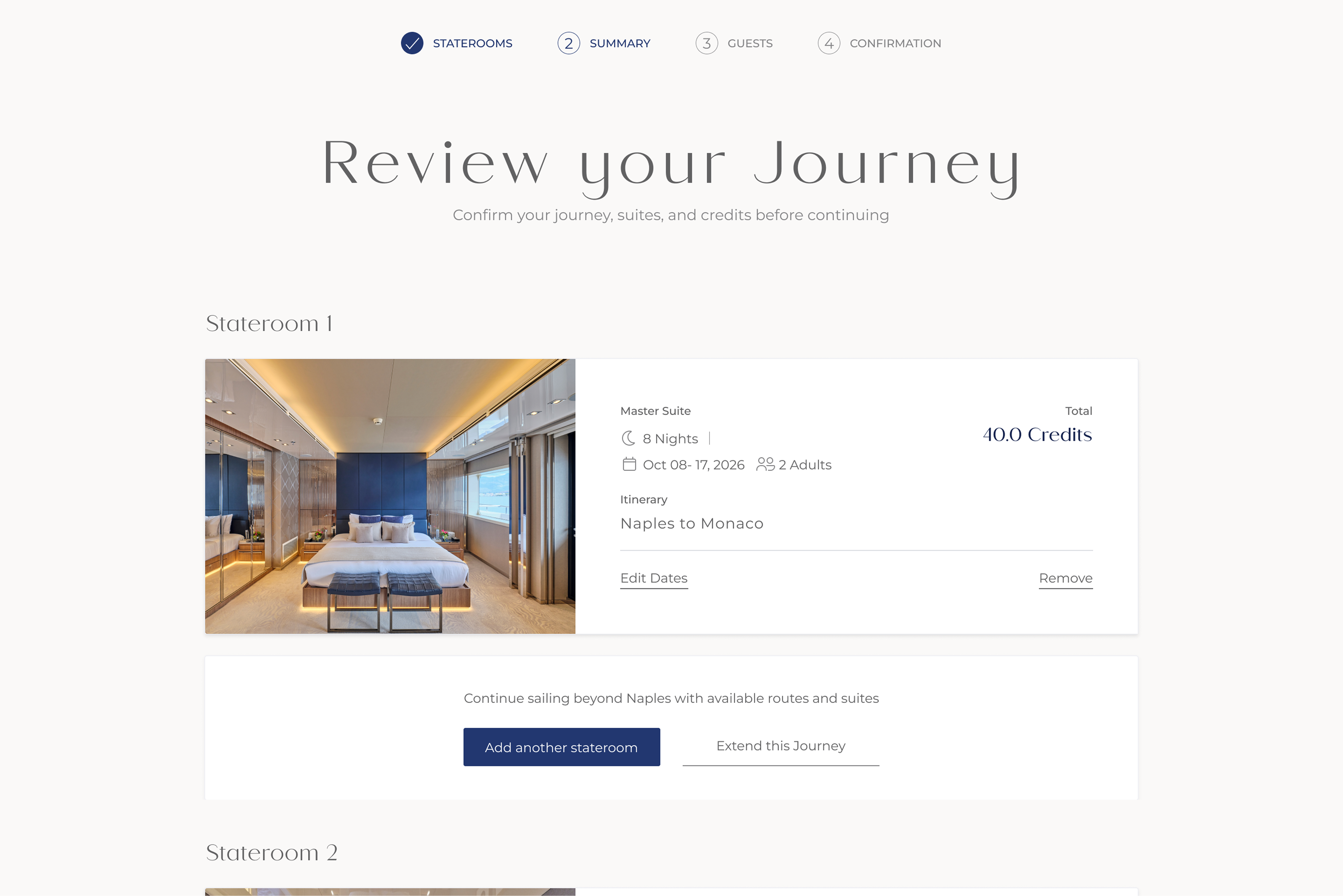 The Superyacht Holdings journey review screen, summarising staterooms, dates and credits