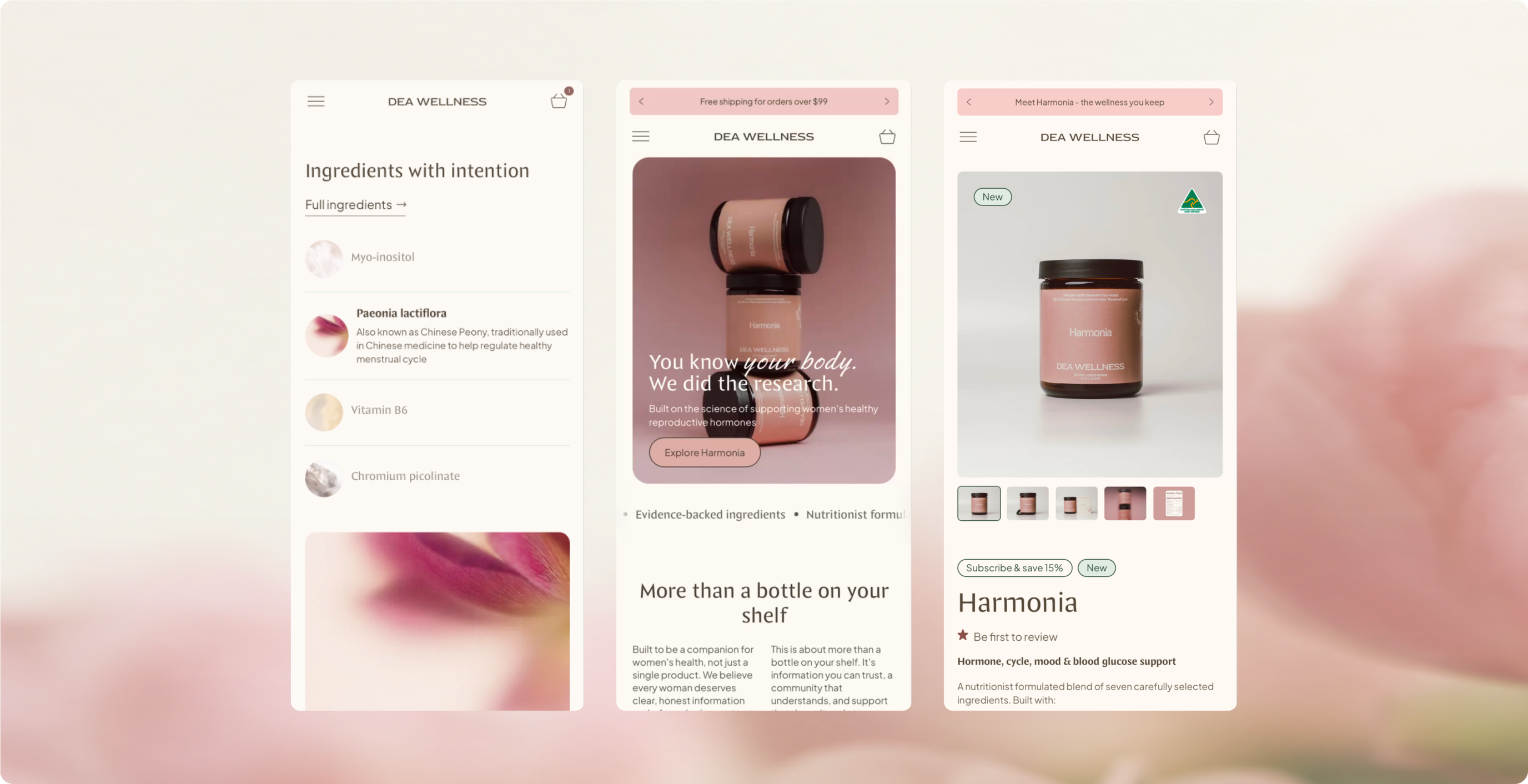 DEA Wellness Shopify storefront on three mobile screens