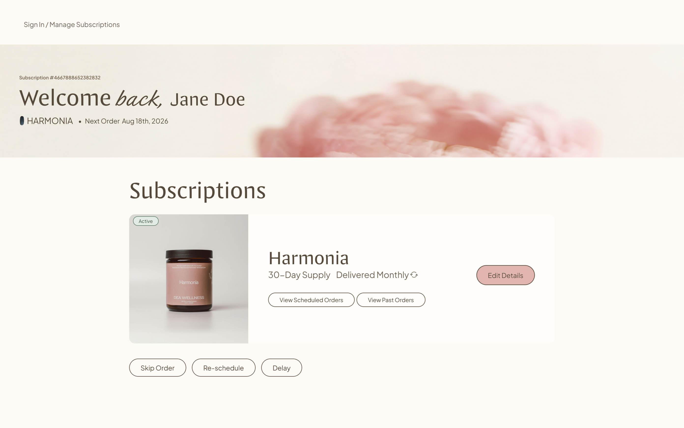The DEA Wellness subscription portal, where members manage their deliveries