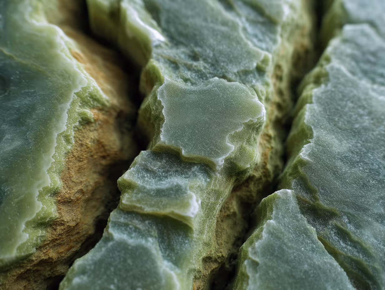 Close-up of green crystals with layered, jagged edges and a rough texture.