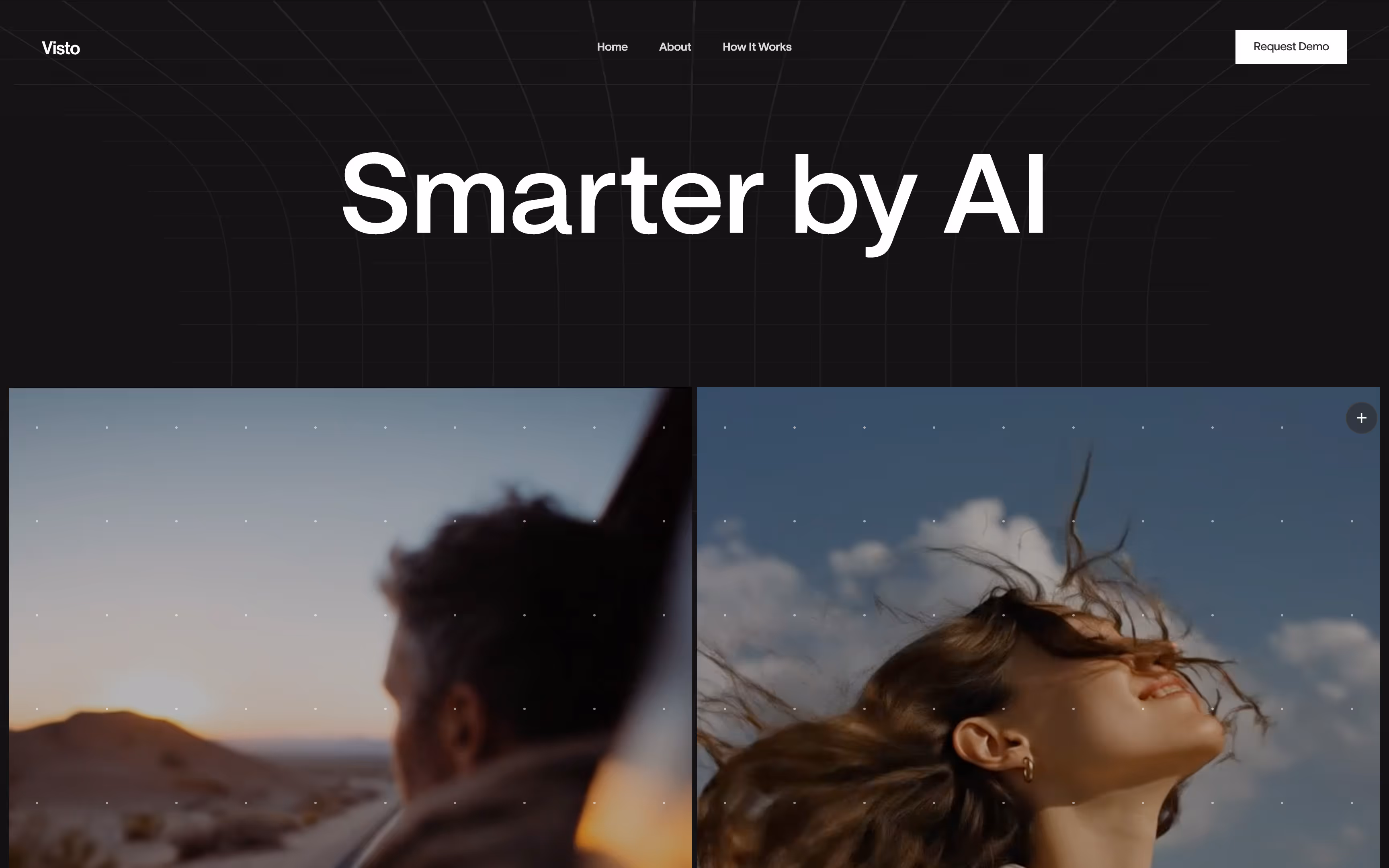 Website header with navigation and slogan 'Smarter by AI' above photos of a man looking out at a desert sunset and a woman smiling with wind-blown hair.