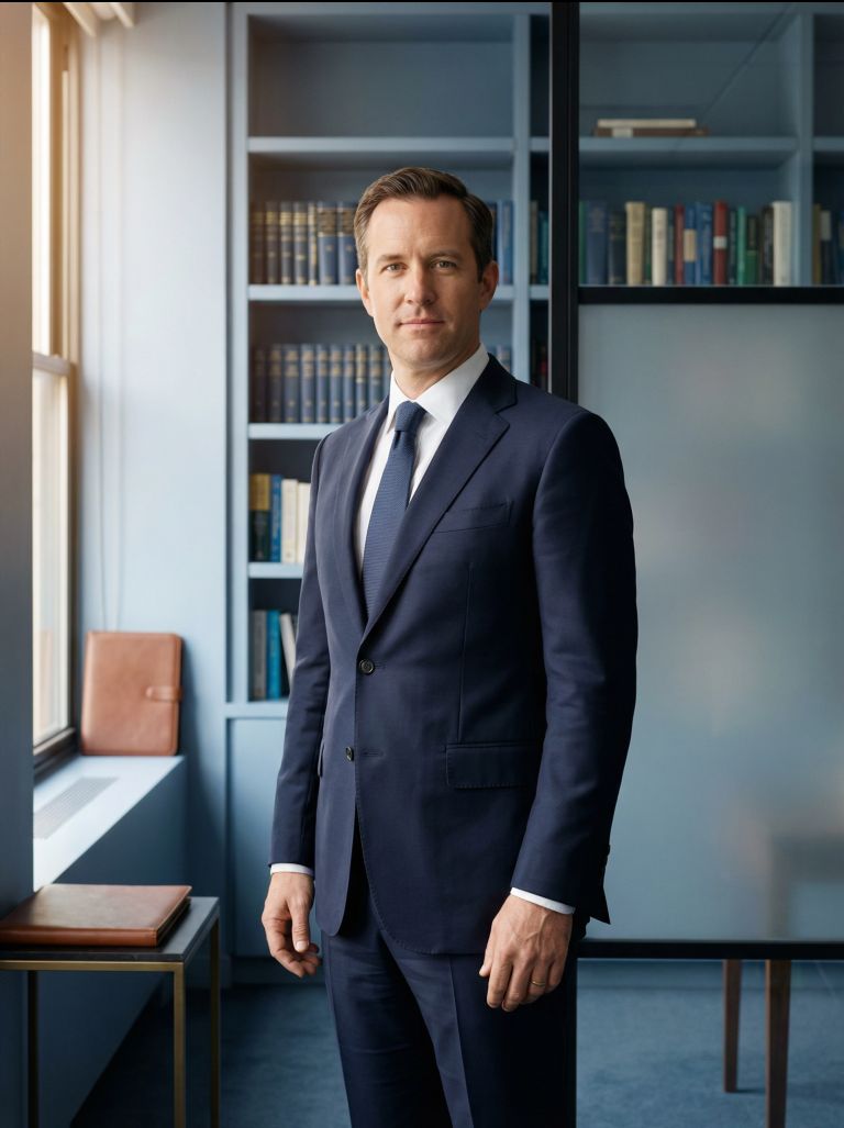 Man in a navy blue suit and tie standing confidently in a professional office with bookshelves in the background.