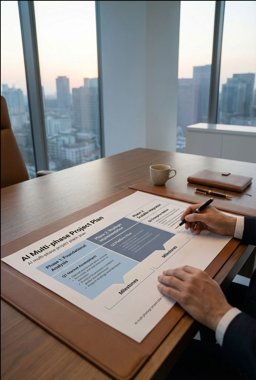 Person reviewing an AI multi-phase project plan document on a desk with a cityscape visible through large windows.