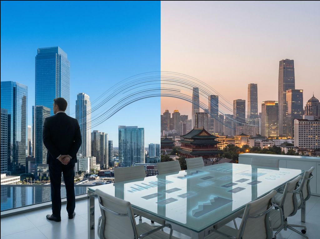 A businessman in a suit stands in a modern office with a glass conference table, overlooking a cityscape that transitions from day to night.