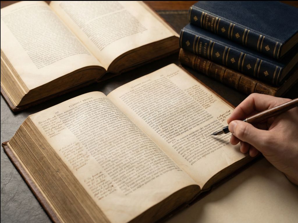 Hand writing notes in the margins of an open old book with other old books stacked nearby on a desk.